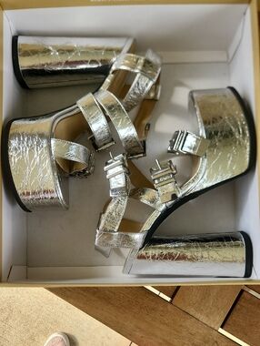 Michael Kors Silver Cracked Metallic Platform Sandals